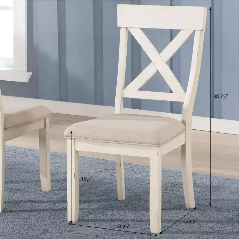 Roundhill Furniture Prato Wood Cross Back Upholstered Dining Chairs, Antique White, Set Of 2