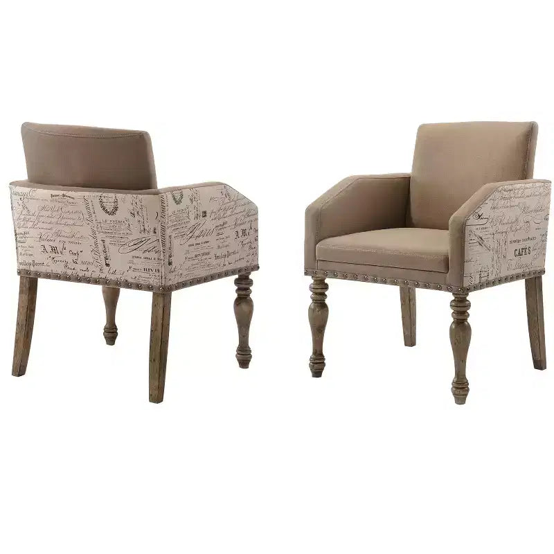 Roundhill Furniture Birmingham Script Printed Driftwood Finish Dining Arm Chair with Nail head, Set of 2