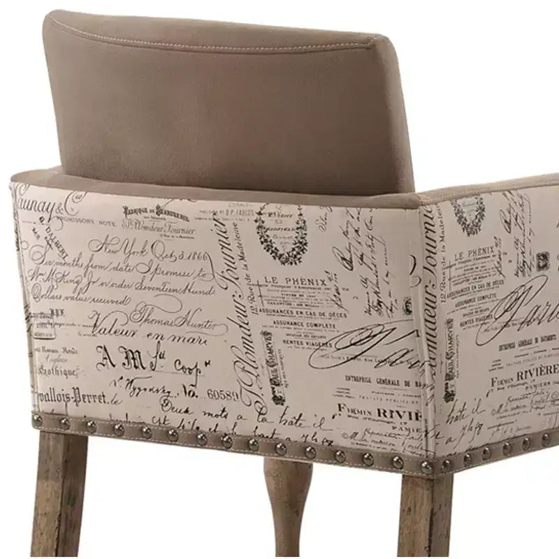Roundhill Furniture Birmingham Script Printed Driftwood Finish Dining Arm Chair with Nail head, Set of 2