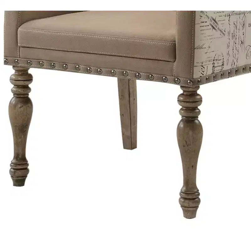 Roundhill Furniture Birmingham Script Printed Driftwood Finish Dining Arm Chair with Nail head, Set of 2