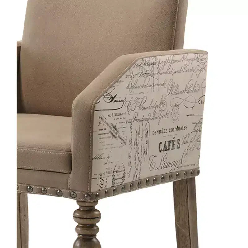Roundhill Furniture Birmingham Script Printed Driftwood Finish Dining Arm Chair with Nail head, Set of 2