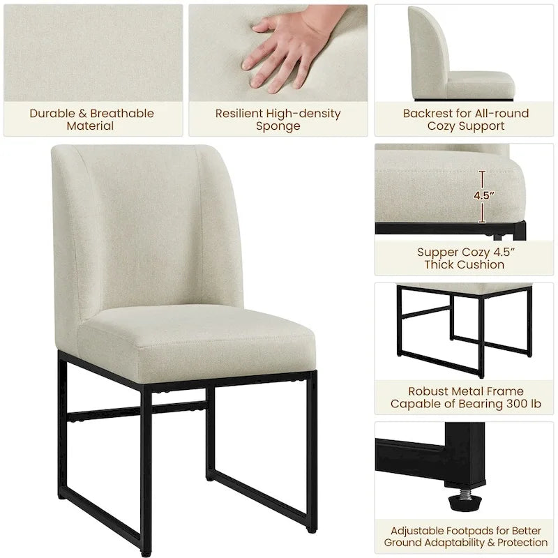 Set di 2 sedie da pranzo imbottite con struttura a U in ferro, tessuto in terilene, 135 kg, beige