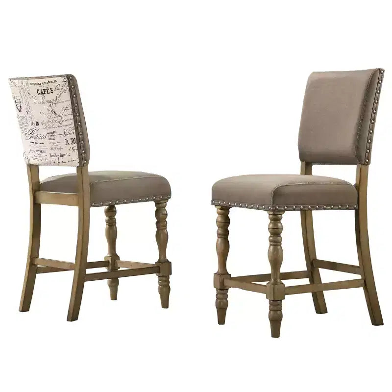 Roundhill Furniture Birmingham Script Printed Driftwood Finish Counter Height Dining Chair with Nail head, Set of 2