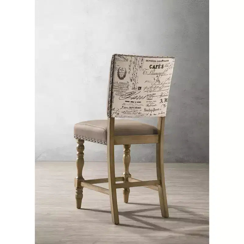 Roundhill Furniture Birmingham Script Printed Driftwood Finish Counter Height Dining Chair with Nail head, Set of 2