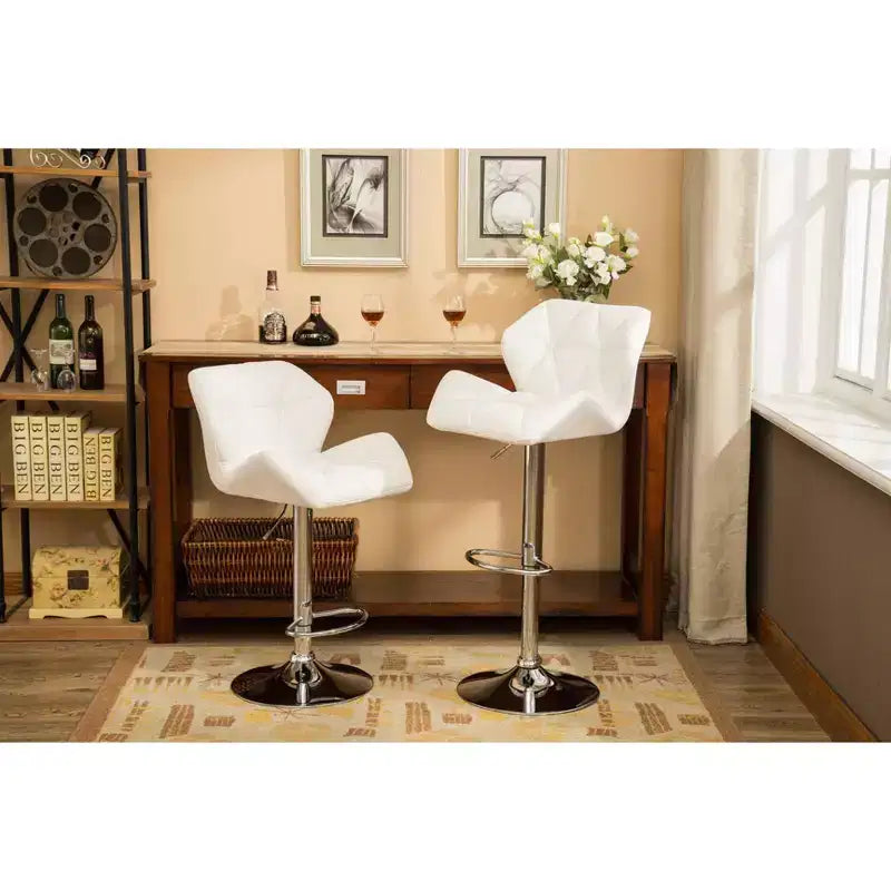 Roundhill Furniture Glasgow Contemporary Tufted Adjustable Height Hidraulic Bar Stools, White, Set of 2