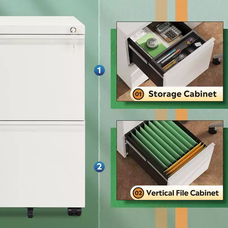 2-Drawer Mobile File Cabinet with Lock,, Space-Saving Document Organizer Fits Letter/A4/Legal Files