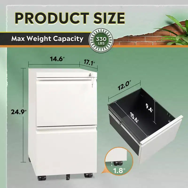 2-Drawer Mobile File Cabinet with Lock,, Space-Saving Document Organizer Fits Letter/A4/Legal Files