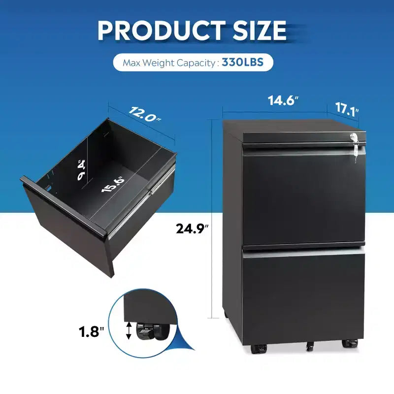 2-Drawer Mobile File Cabinet with Lock,, Space-Saving Document Organizer Fits Letter/A4/Legal Files