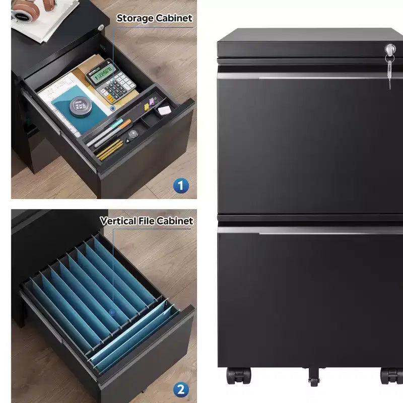 2-Drawer Mobile File Cabinet with Lock,, Space-Saving Document Organizer Fits Letter/A4/Legal Files