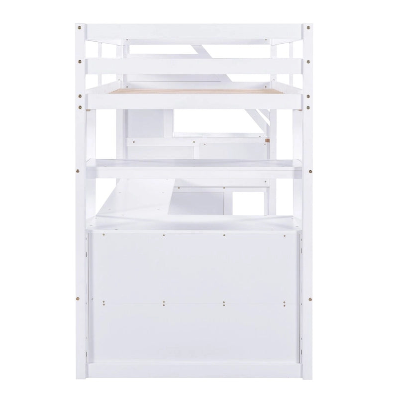 Letto a soppalco singolo con scrivania, mensole e 2 cassetti portaoggetti, pino e MDF, 241.6 cm L x 106.2 cm P x 165.1 cm H