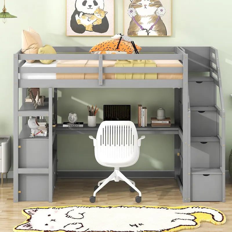 Letto a soppalco singolo con scrivania, mensole e 2 cassetti portaoggetti, pino e MDF, 241.6 cm L x 106.2 cm P x 165.1 cm H