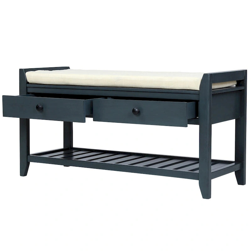 Scarpiera con seduta imbottita e cassetti, panca contenitore multiuso da ingresso (blu antico)