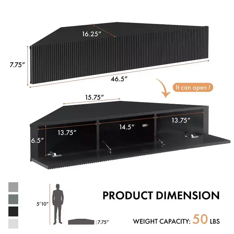 HOMES: Inside + Out Vondal Mid-Century Modern 3 Shelf Corner Floating Console TV Stand for TVs up to 50"