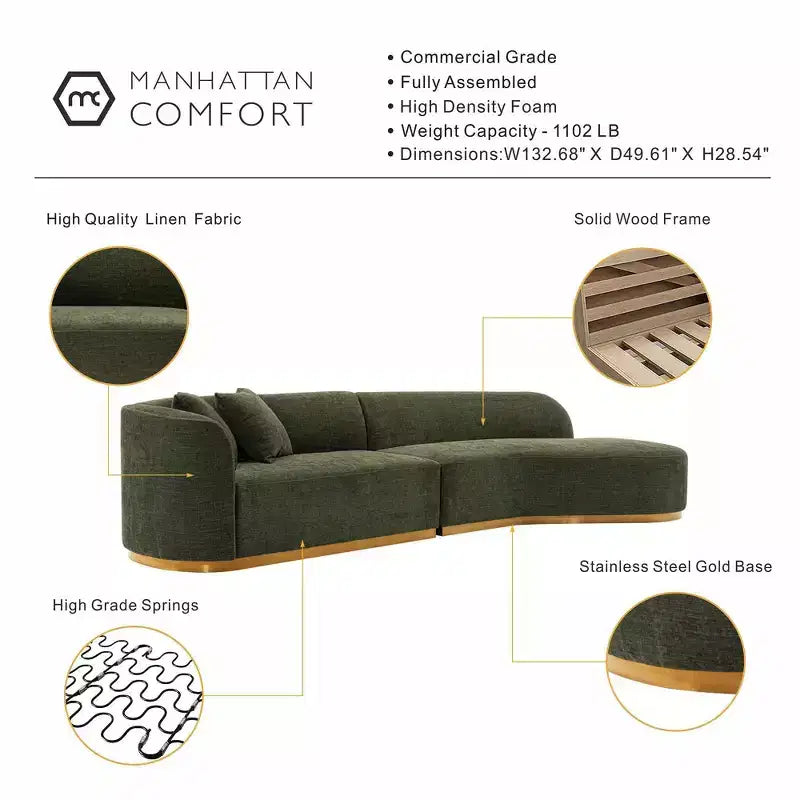 131.89" Daria Linen Upholstered Sofa Sectional with Pillows - Manhattan