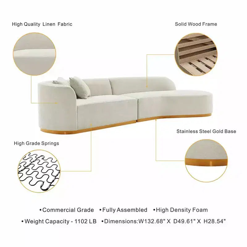 131.89" Daria Linen Upholstered Sofa Sectional with Pillows - Manhattan