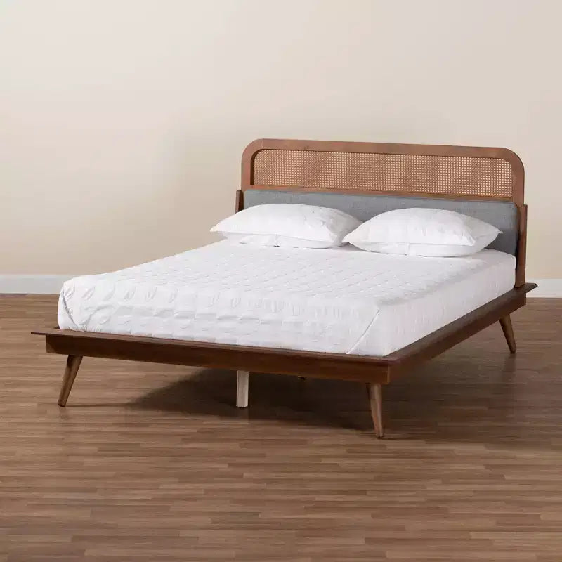 Baxton Studio Irina Fabric and Wood Platform Bed Gray/Ash Walnut: Upholstered No Box Spring Needed