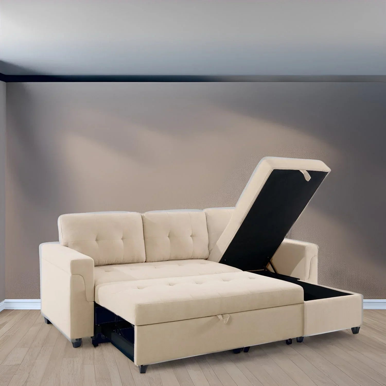 Convertible Reversible Sectional Sofa with Pull-Out Sleeper Bed, Hidden Storage Chaise, and Durable Legs