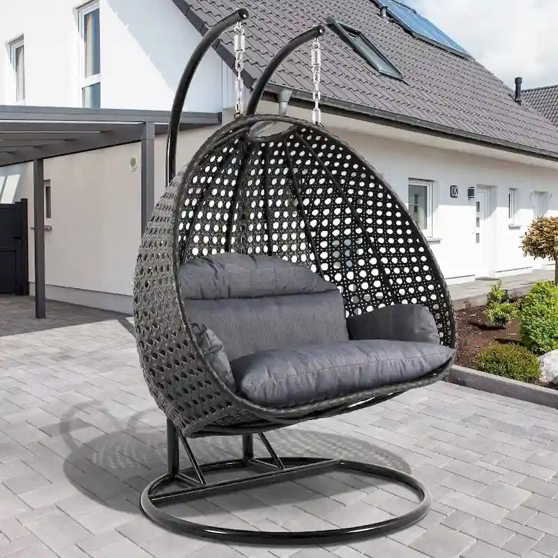 Egg-Shaped Hanging Swing Chair with Metal Stand, Wicker Frame & Cushion ¨C Beige / Charcoal Blue / White / Blue / Antique White / Brown / Canvas, Seats 2