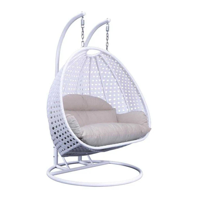 Egg-Shaped Hanging Swing Chair with Metal Stand, Wicker Frame & Cushion ¨C Beige / Charcoal Blue / White / Blue / Antique White / Brown / Canvas, Seats 2