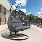 Egg-Shaped Hanging Swing Chair with Metal Stand, Wicker Frame & Cushion ¨C Beige / Charcoal Blue / White / Blue / Antique White / Brown / Canvas, Seats 2