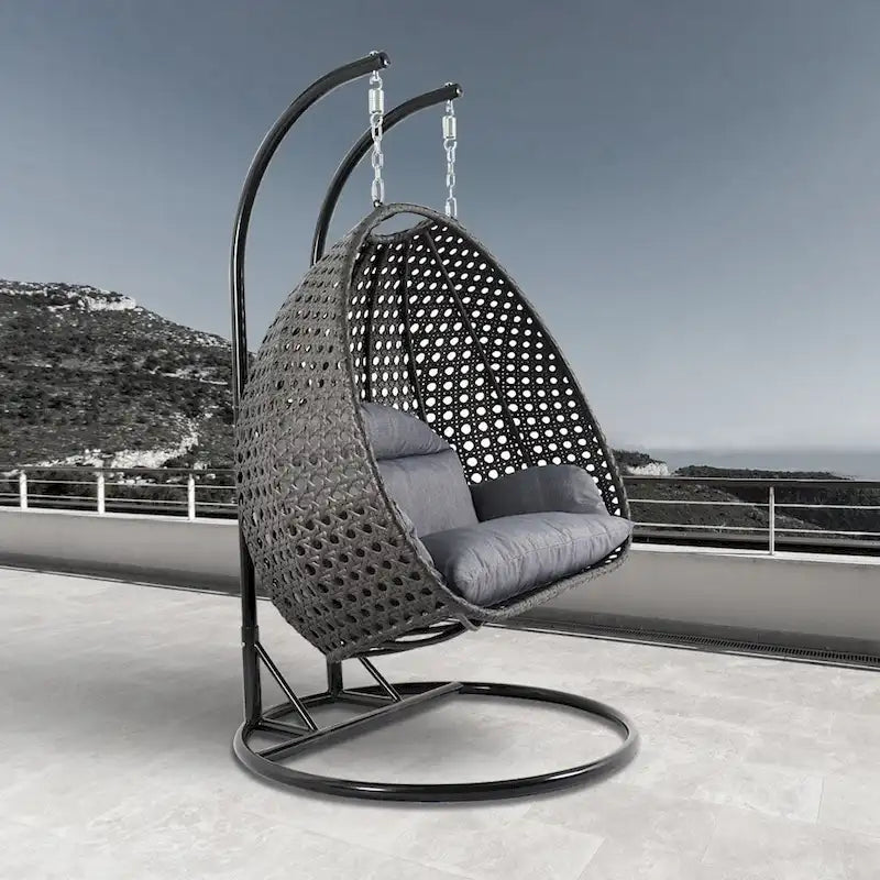 Egg-Shaped Hanging Swing Chair with Metal Stand, Wicker Frame & Cushion ¨C Beige / Charcoal Blue / White / Blue / Antique White / Brown / Canvas, Seats 2