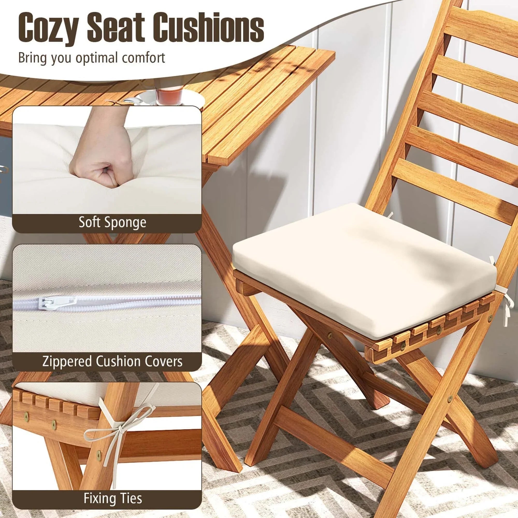 Patiojoy 3-Piece Folding Bistro Set with Removable Seat Cushions - See Details